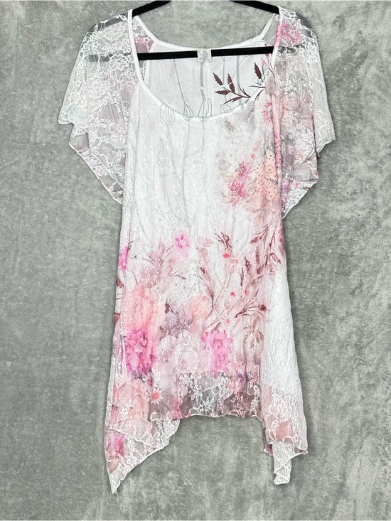 Brittany Black Tops - Brittany Black 1X Shirt Top White Floral Lace Short Sleeve Scoop Neck Stretch